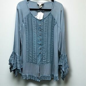Seventh Avenue Blue Bell Sleeve Embroidered Button Front Tunic‎ Top Women's 1XL